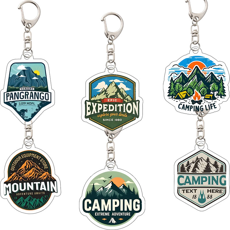 Outdoor Adventure Backpack - พวงกุญแจอะคริลิกรูปยอดเขาสำหรับแคมป์ปิ้งกลางแจ้งสไตล์เรโทร จี้ห้อยกระเป๋าเป้สำหรับนักผจญภัยปีนเขา ของขวัญที่ระลึกสำหรับผู้ที่ชื่นชอบ